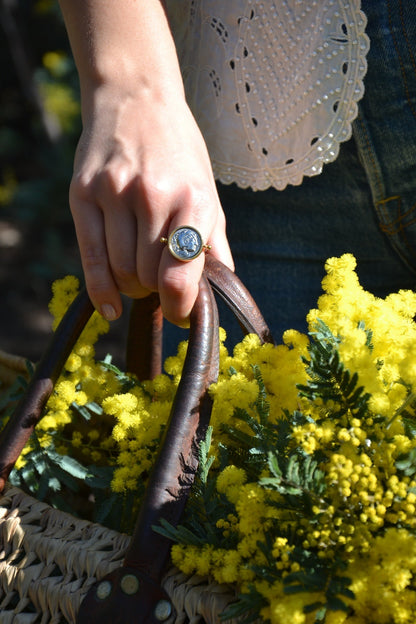 Bague plaquée or et argentée, décorée par une pièce antique, faite main par nos artisans. Elle symbolise Alexandre le Grand, un des personnages les plus célèbres de l'Antiquité, fort et courageux. Avers Alexandre le Grand, représenté en Héraklès coiffé de la léontée.  Revers Zeus aétophore assis sur un trône, tenant un sceptre dans la main gauche et portant un aigle dans la droite.